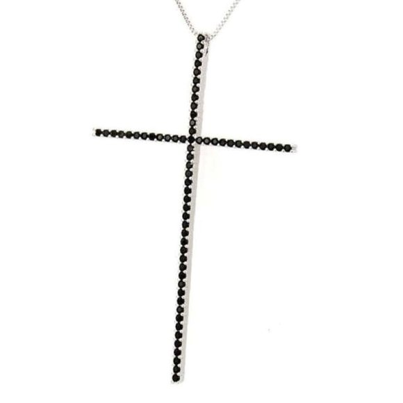 Florasfantasies, Black Zircon, Cross Necklace Jewelry - AAA Black Zircon & Silver Cross Necklace